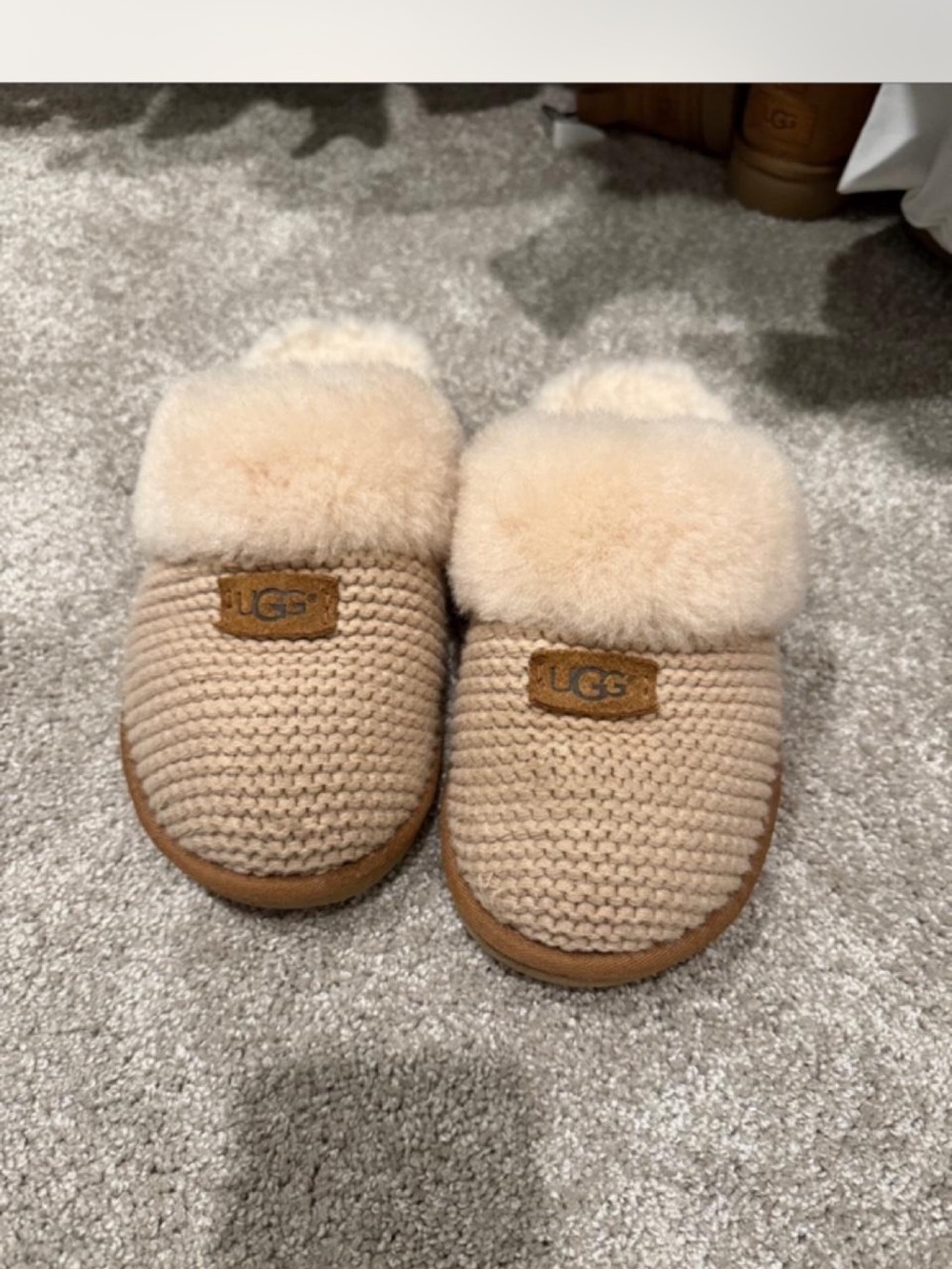 UGG Kids Knit Shearling Cuff Slippers in Beige